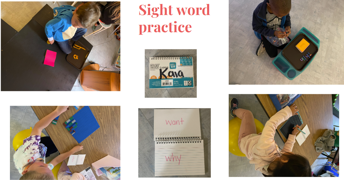 Four students practicing their sight words.