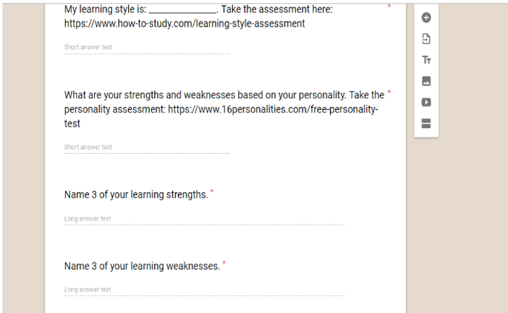 A sample of the questions for the teacher learner profile