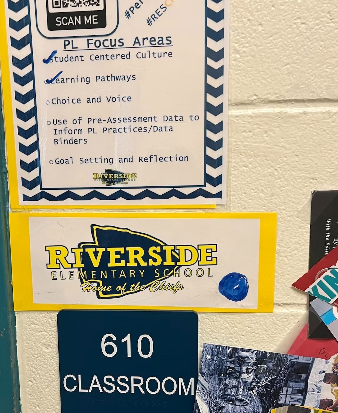 classroom wall with flyers, classroom number 610, PL Focus areas, Riverside Elemntary School