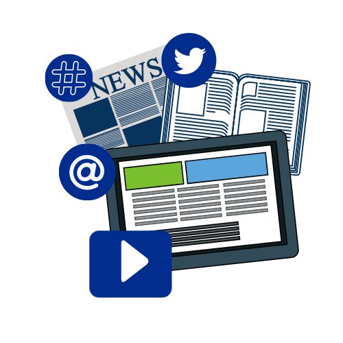 News flash and social media icons for Twitter, an @ sign, a hashtag, and a play button